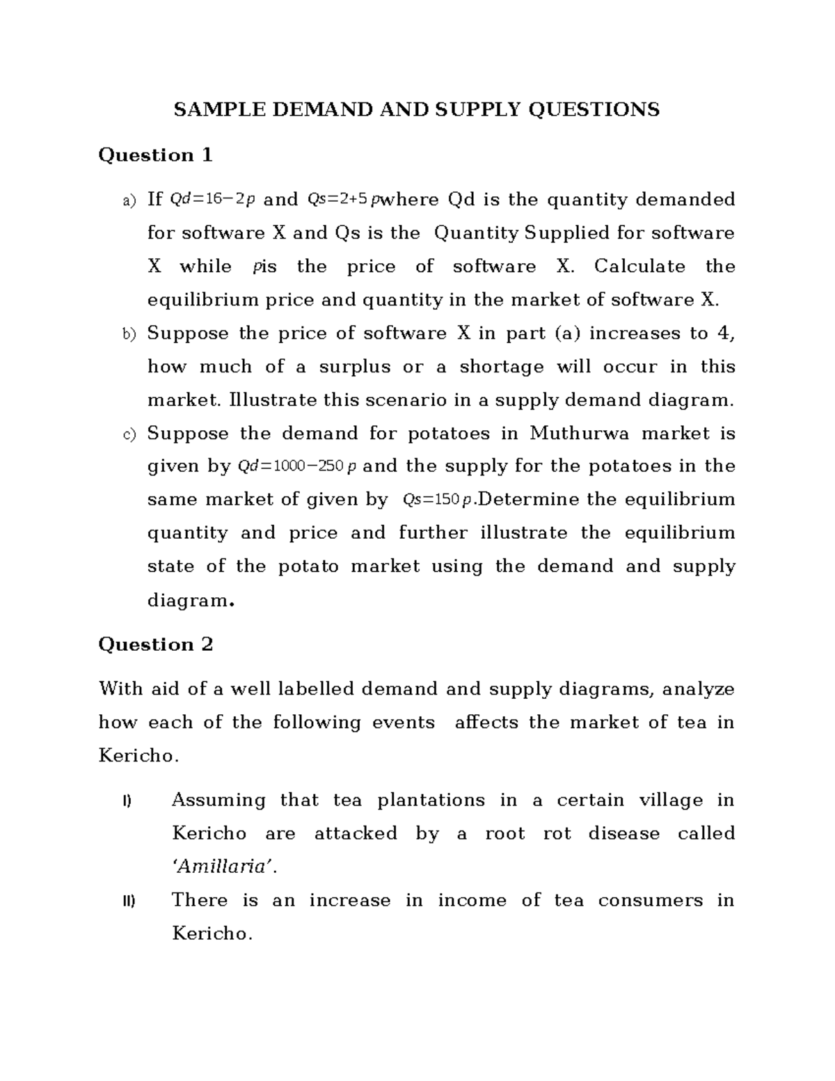 Demand and supply questions - SAMPLE DEMAND AND SUPPLY QUESTIONS ...