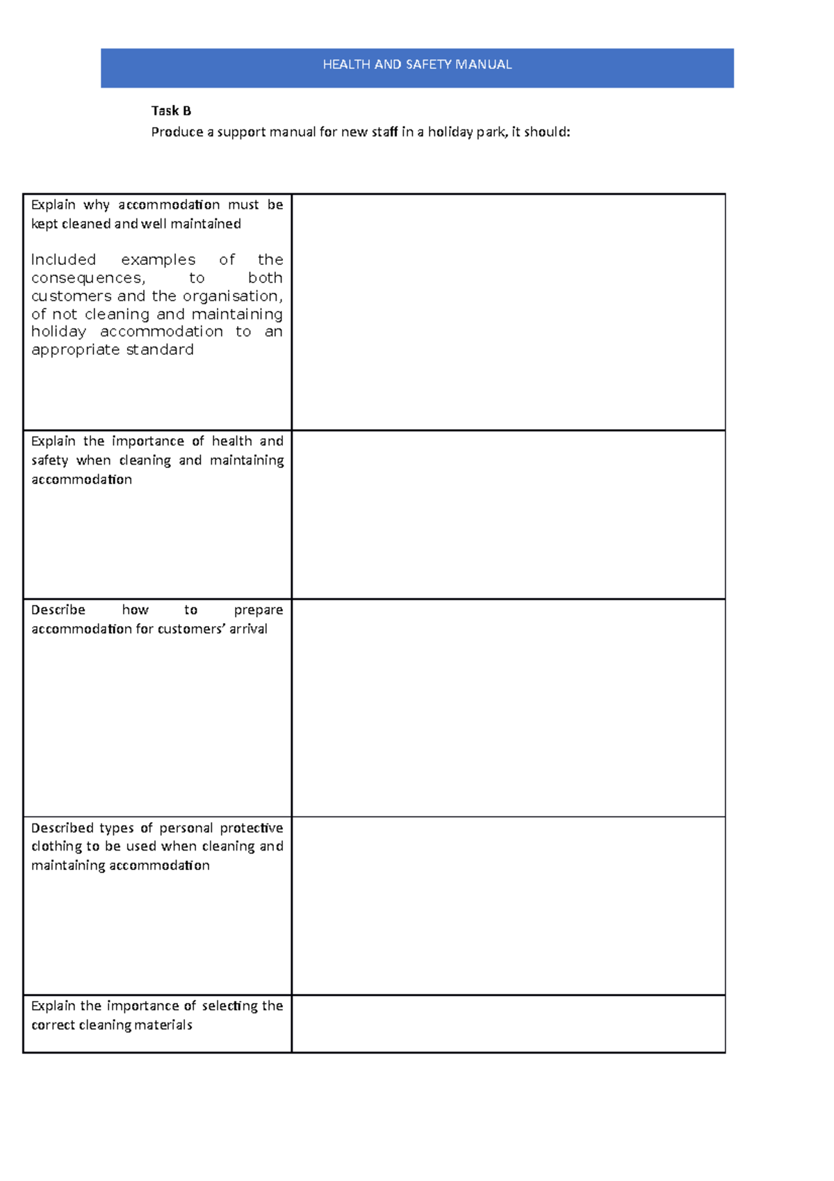 Task B Table For Assignment - Task B Produce A Support Manual For New ...