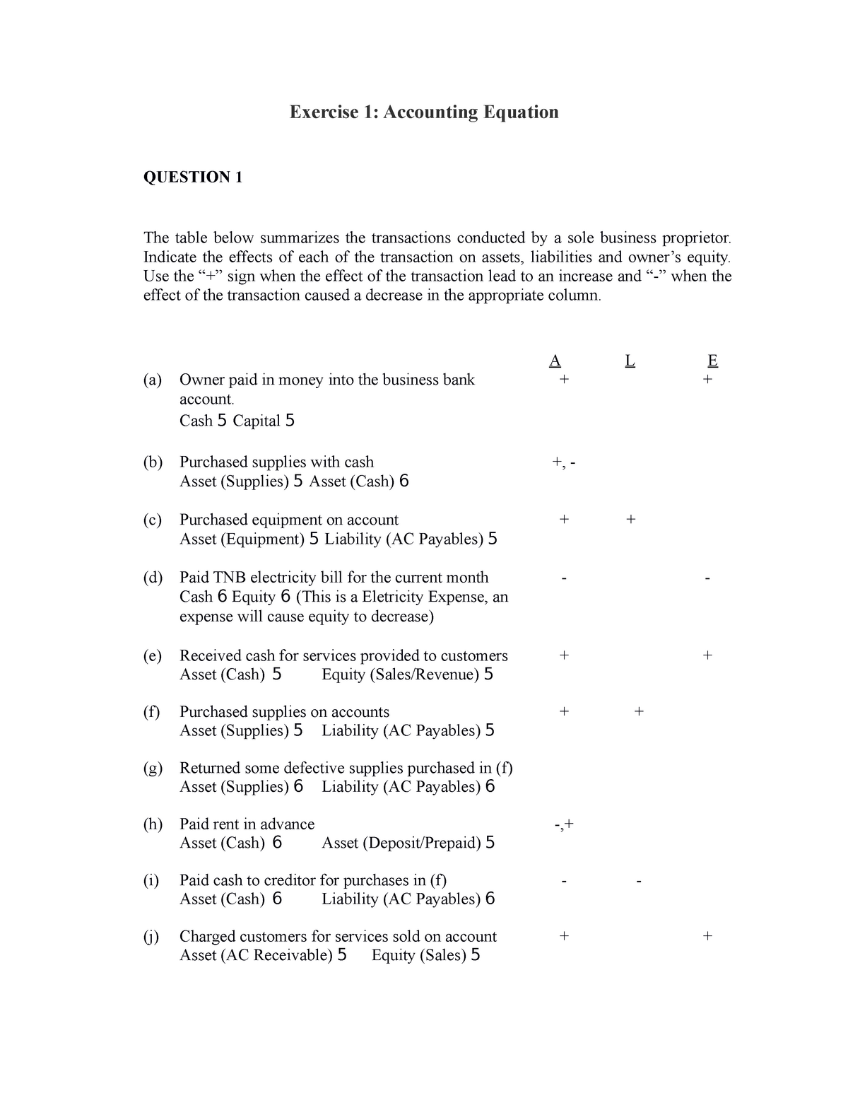 Exercise 1 Accounting Equation (Answer) - Exercise 1: Accounting ...