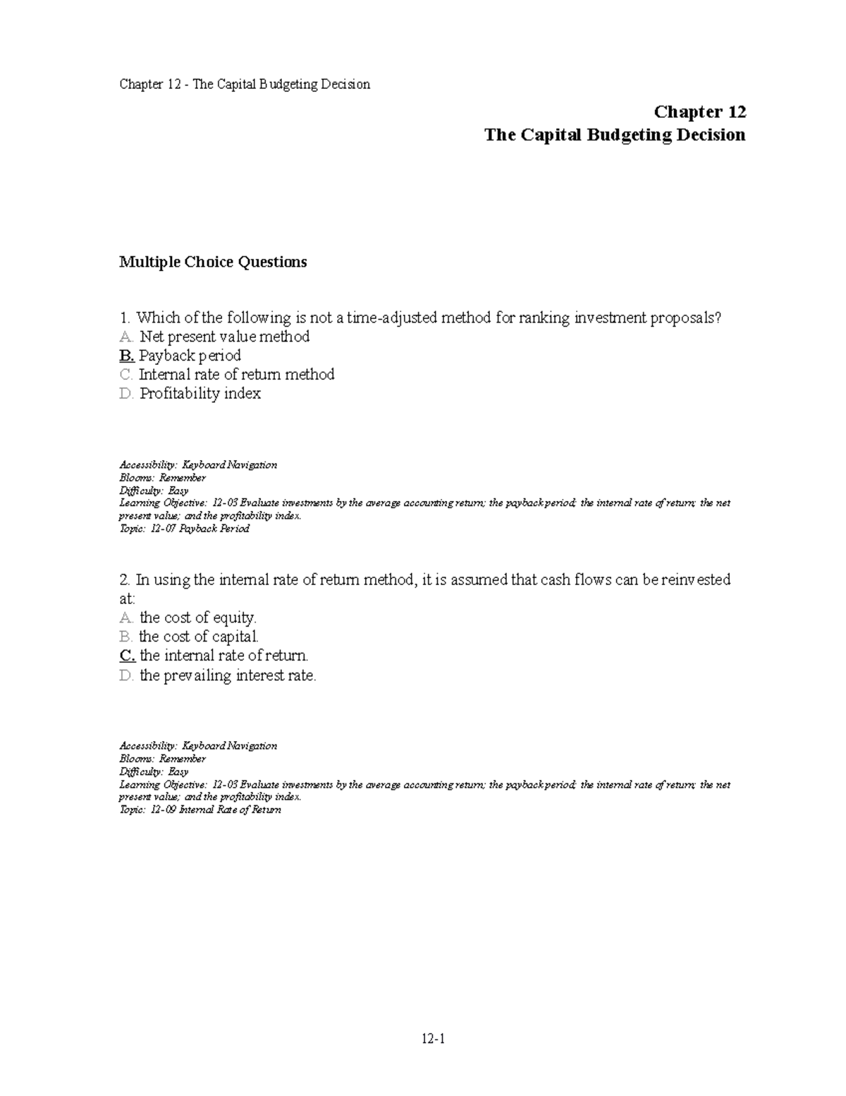 Chap012 Upcoming Quiz 8 To Get 100 Percent Of Marks Chapter 12 The Capital Budgeting 