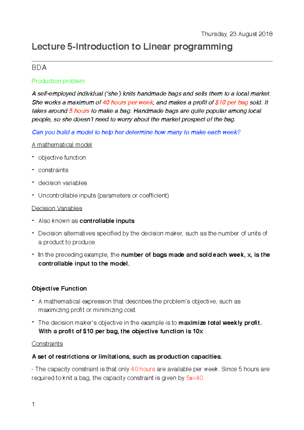 BDA Lecture - Thursday, 23 August 2018 Lecture to Linear programming ...