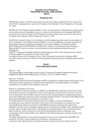 The Philippine Aids Prevention and control Act of 1998 - : Republic ACT ...