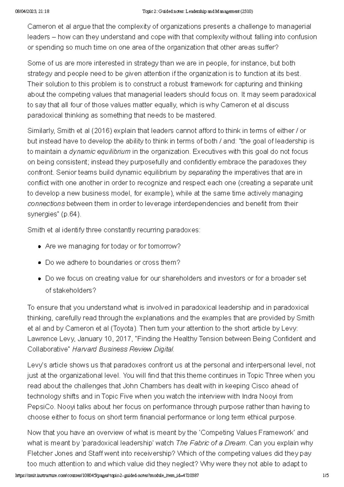 Topic 2 Guided notes Leadership and Management (2310) - Cameron et al ...