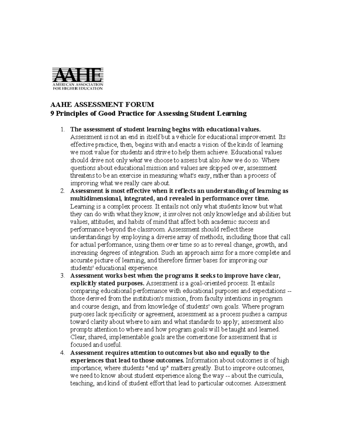 AAHE-Assessment-Forum - AAHE ASSESSMENT FORUM 9 Principles of Good ...