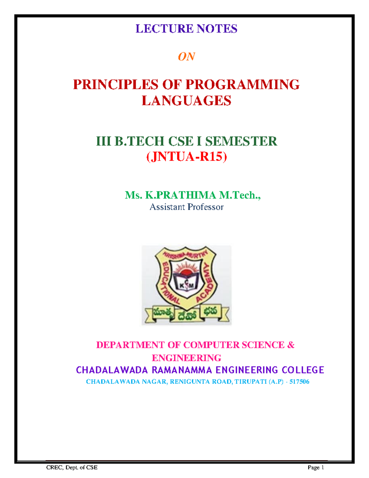 PPL Complete Notes - LECTURE NOTES ON PRINCIPLES OF PROGRAMMING ...