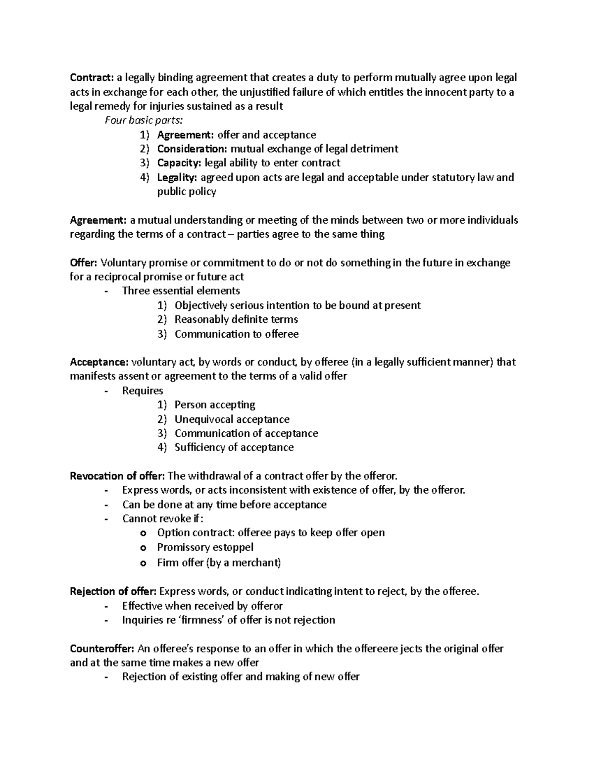 List Of Terms For Final Summary Business Law I Contract A Legally 