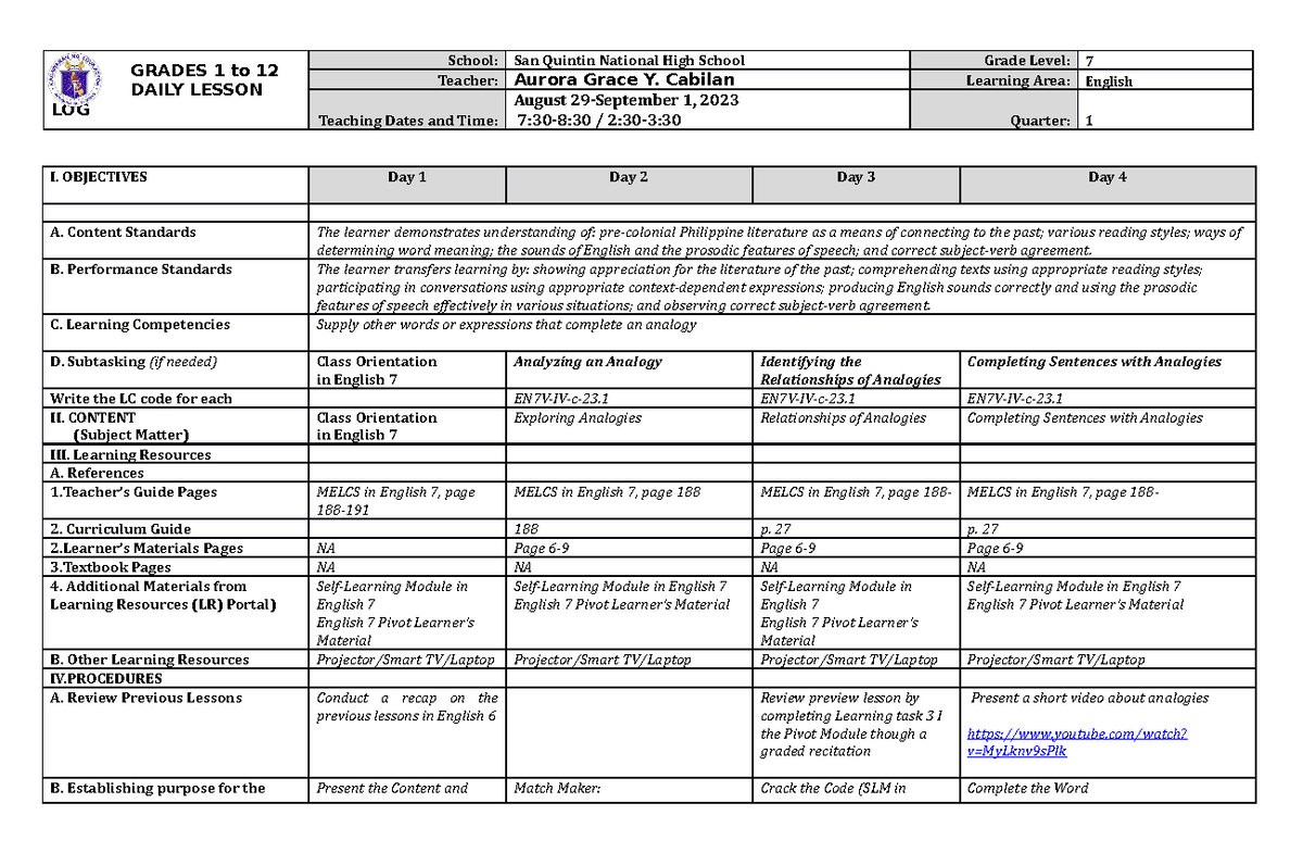 English Grade 7 Q1 W1 - GRADES 1 to 12 DAILY LESSON LOG School: San ...