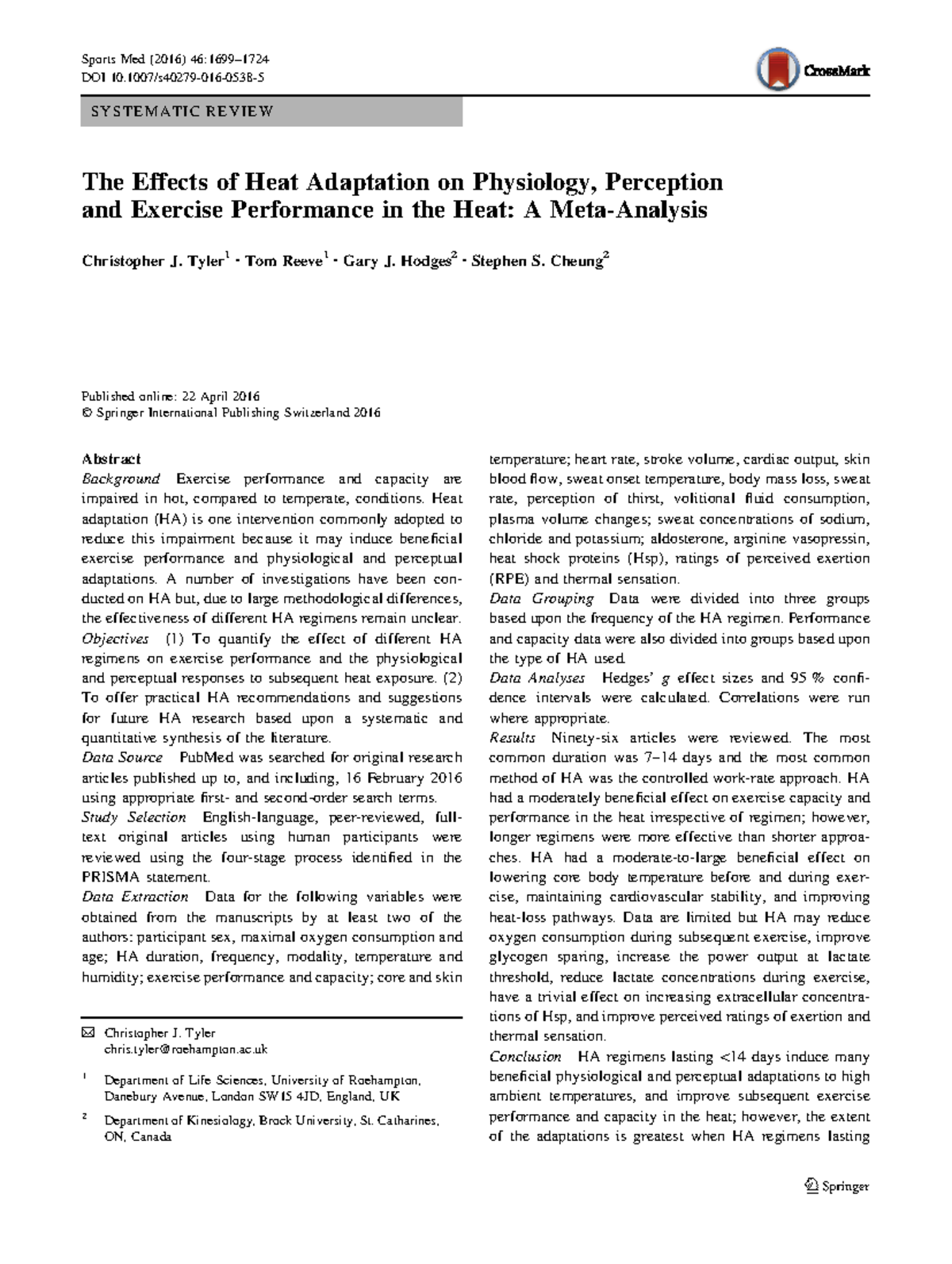 Week 8. Heat Adaptation on Exercise Performance in the Heat - S Y S T E ...