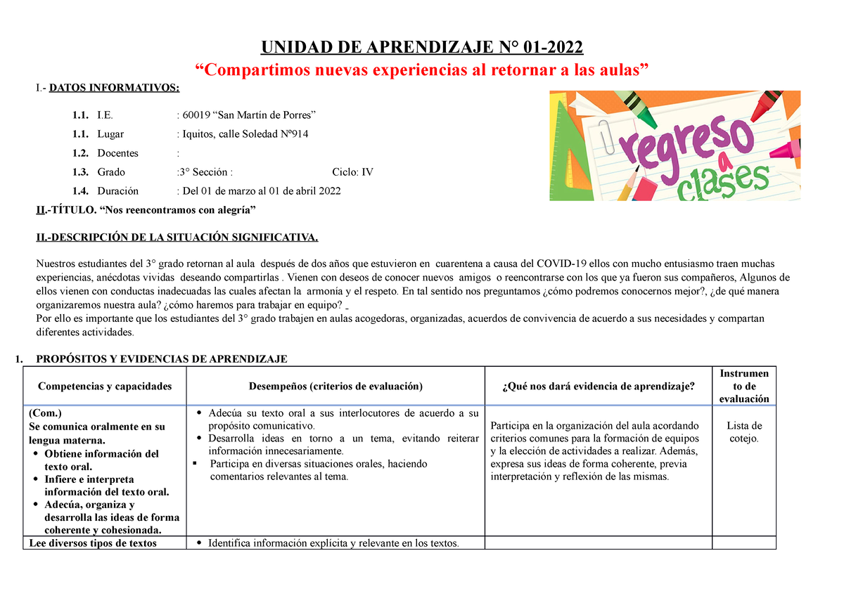 Unidad 01-2022-3° Grado - UNIDAD DE APRENDIZAJE N° 01- “Compartimos ...