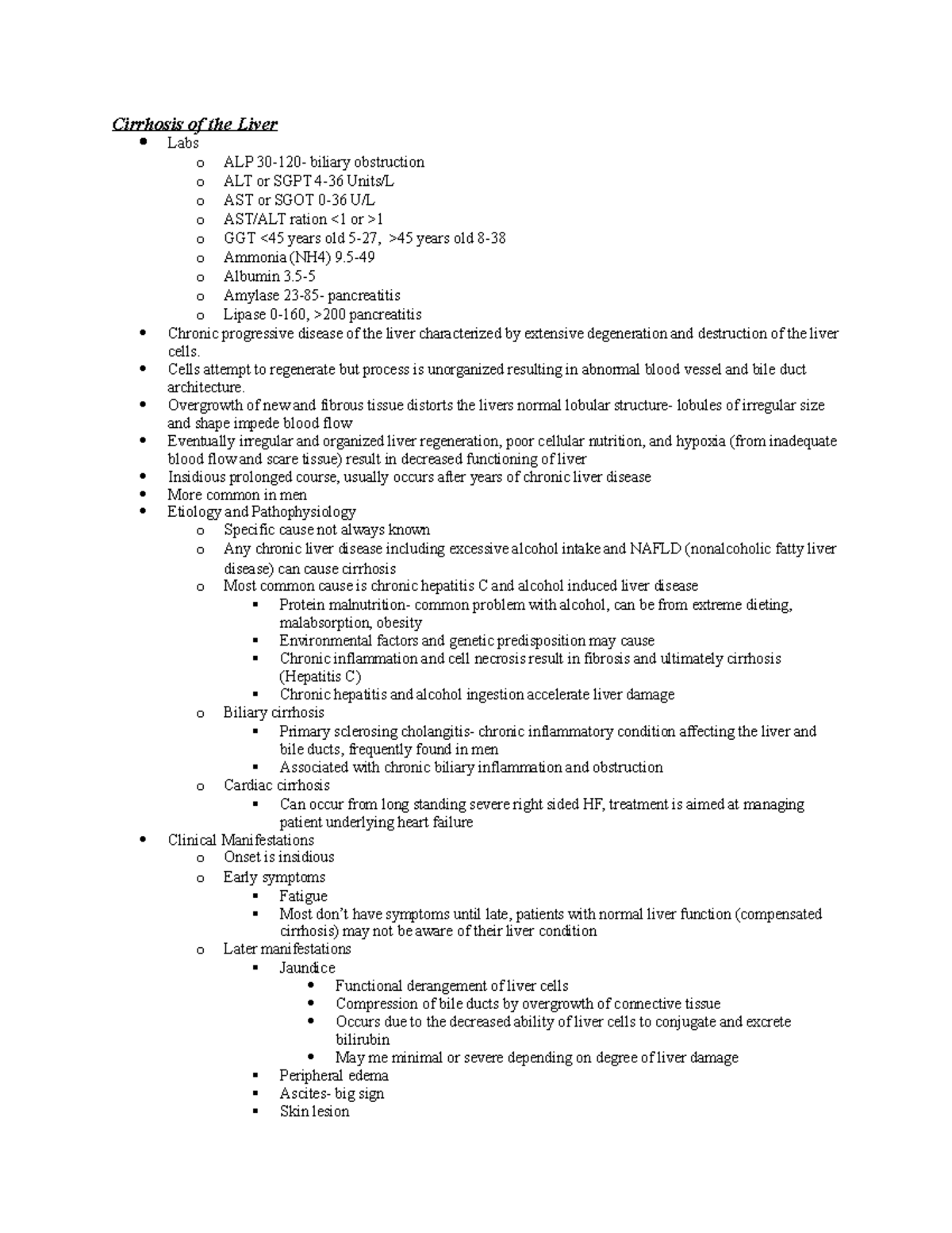 Adult 2 theory Exam 3 - Cirrhosis of the Liver Labs o ALP 30-120 ...
