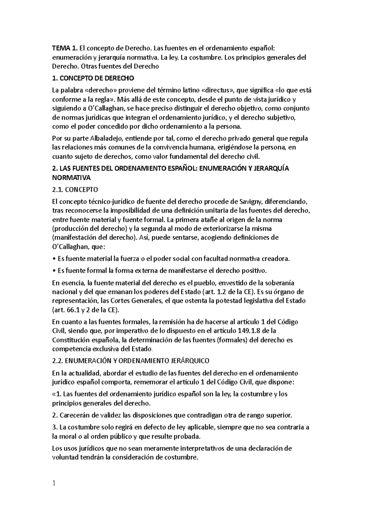 ΤΕΜΑ 1 - Apuntes 1 - ΤΕΜΑ 1. El concepto de Derecho. Las fuentes en el ...
