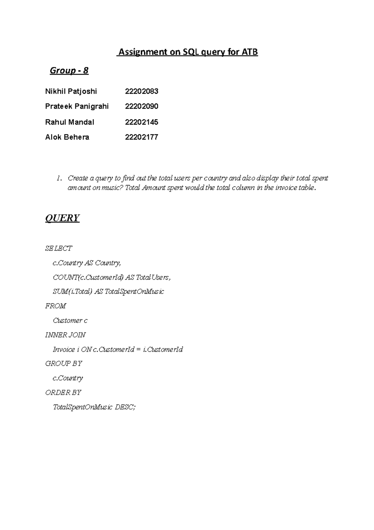 Sql assignment group 8 - gctfghvbn - Assignment on SQL query for ATB ...