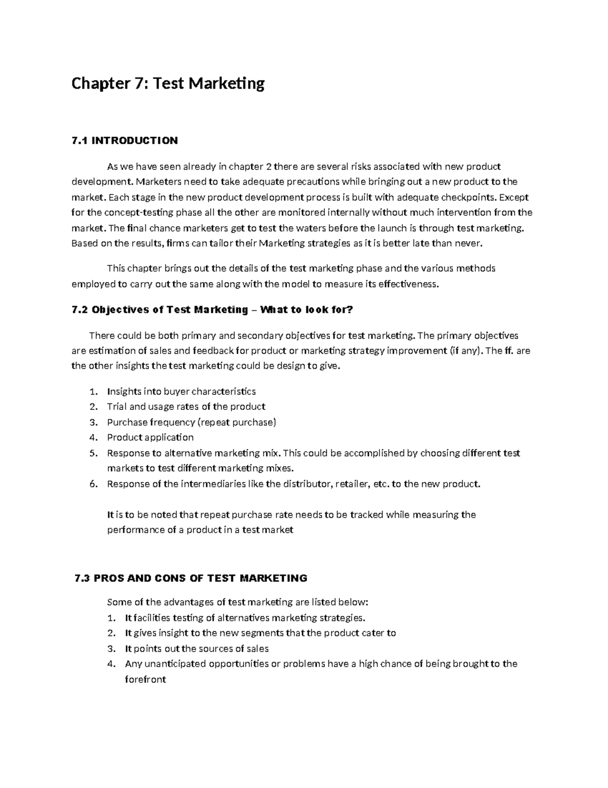 Chapter 7: Test Marketing - Chapter 7: Test Marketing 7 INTRODUCTION As ...