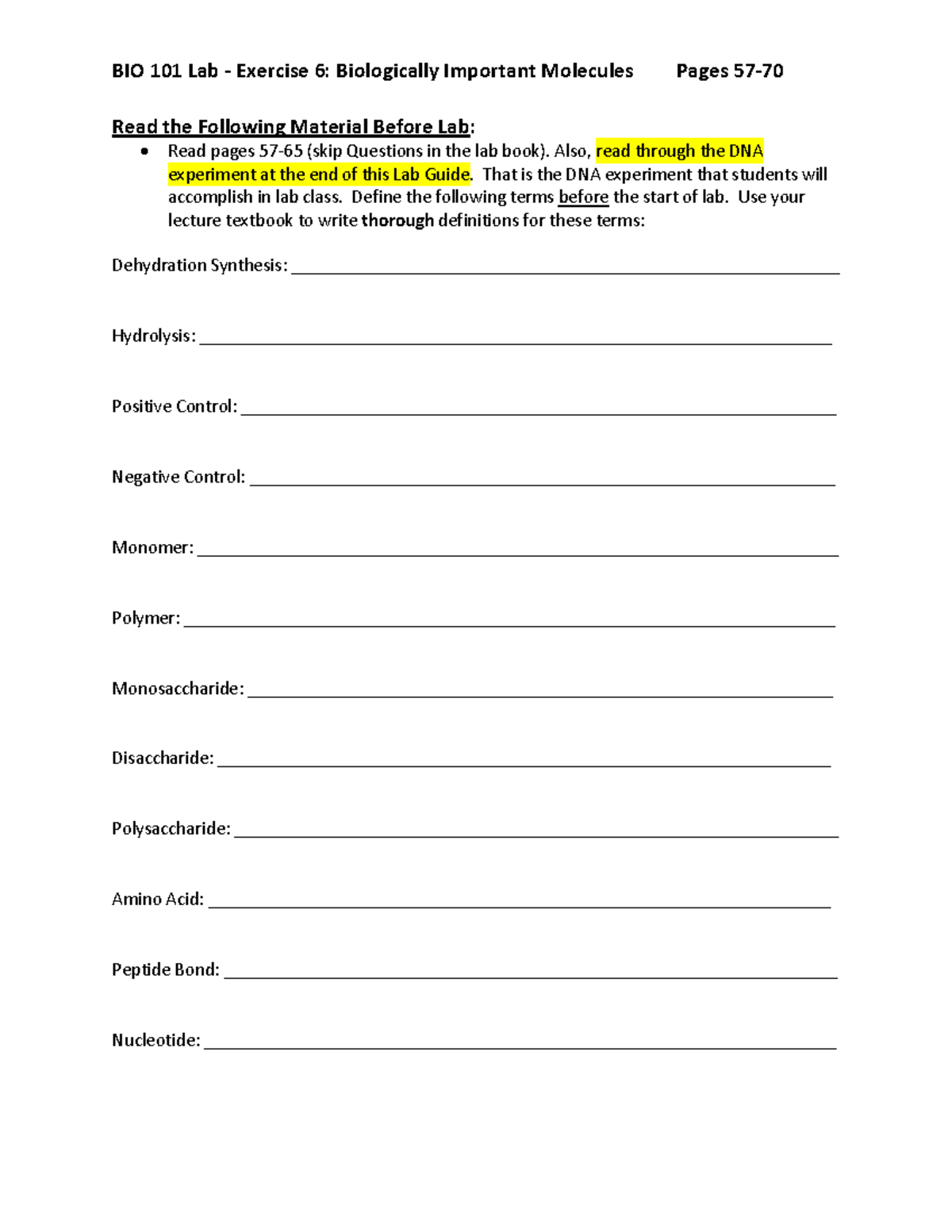 Bio Important Molecules Student Handout-F17 - BIO 101 Lab - Exercise 6 ...