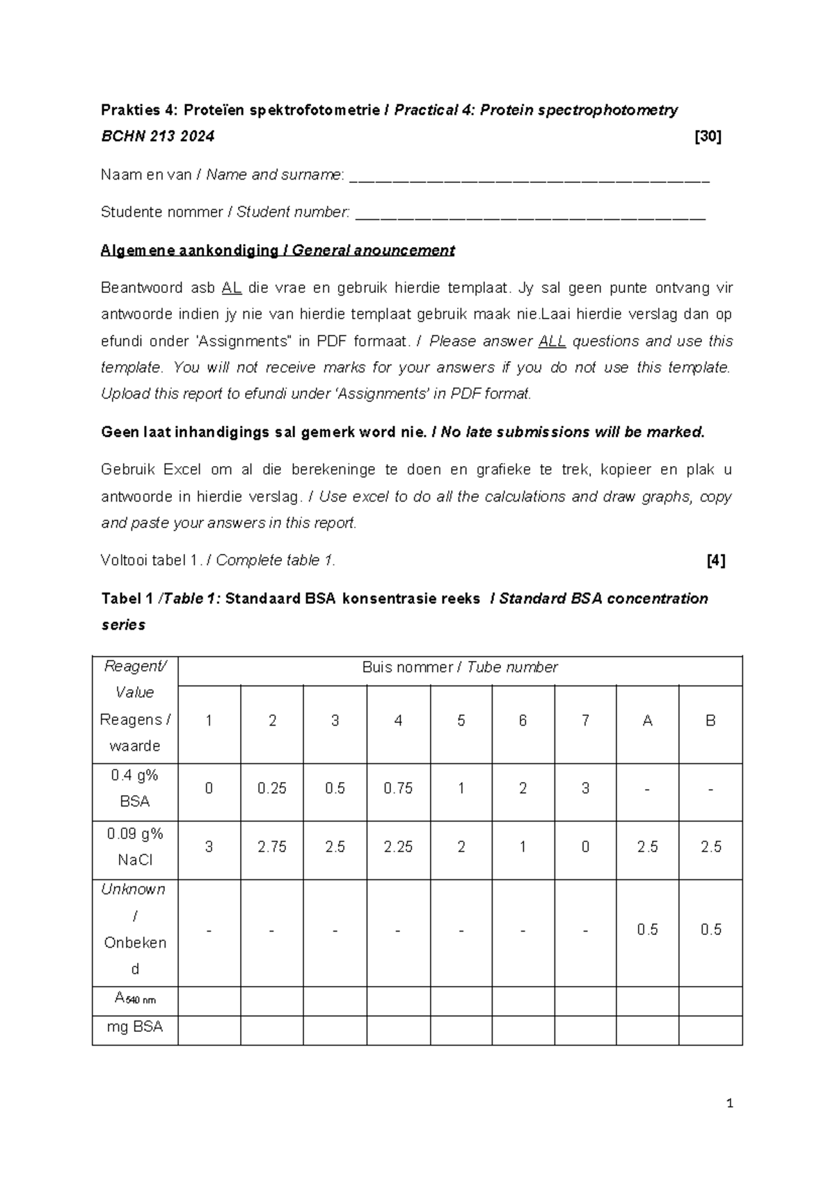 Practical 4 Protein spectrophotometry Assignment Template 2024 BCHN213 Prakties 4 Proteïen