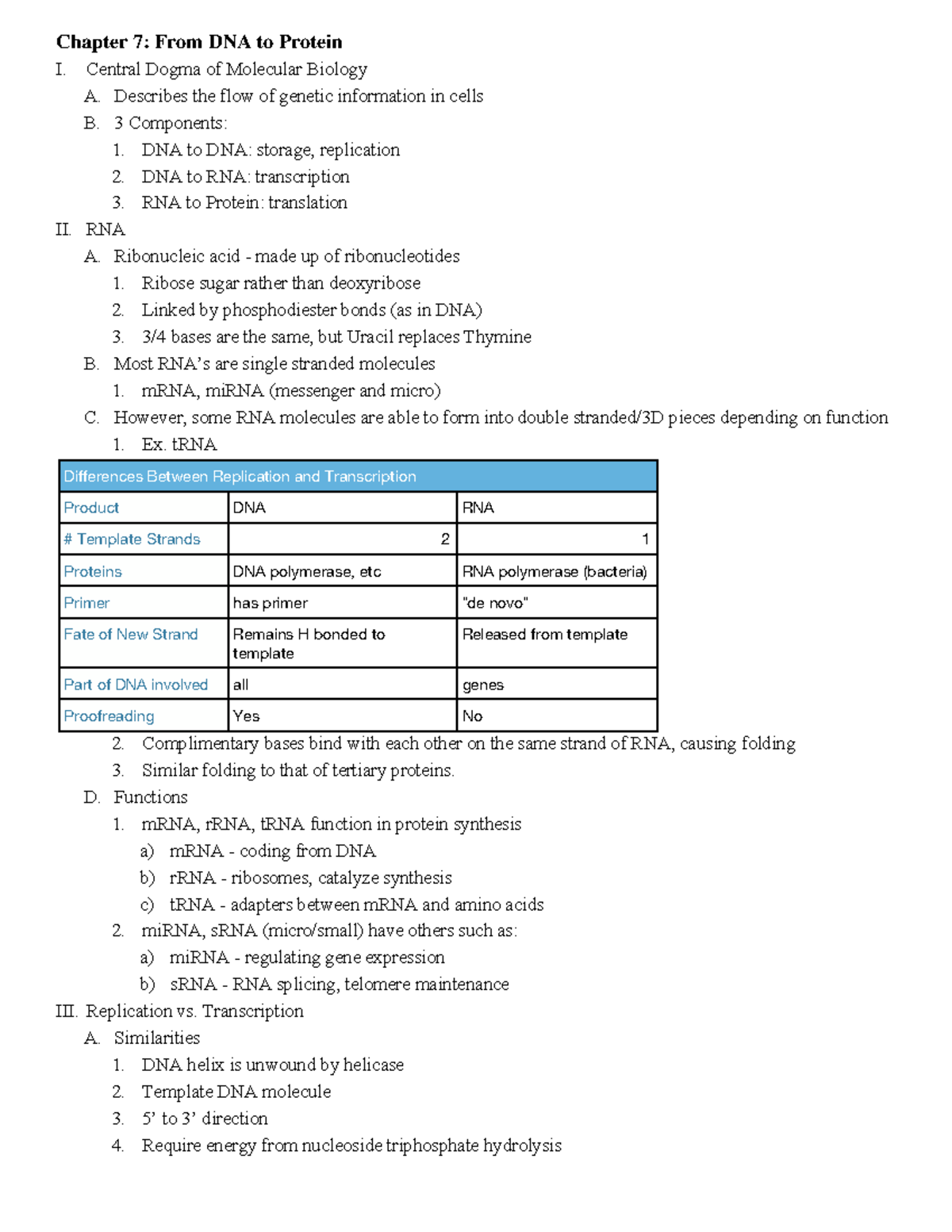 cell Ch 7 Notes - Chapter 7: From DNA to Protein I. Central Dogma of ...