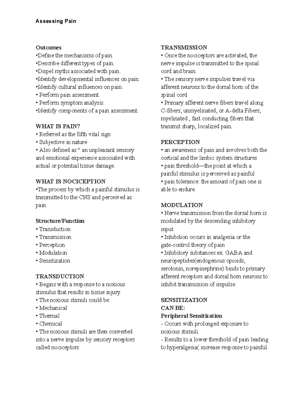 Chapter 14 Assesing PAIN - Assessing Pain Outcomes •Define the ...