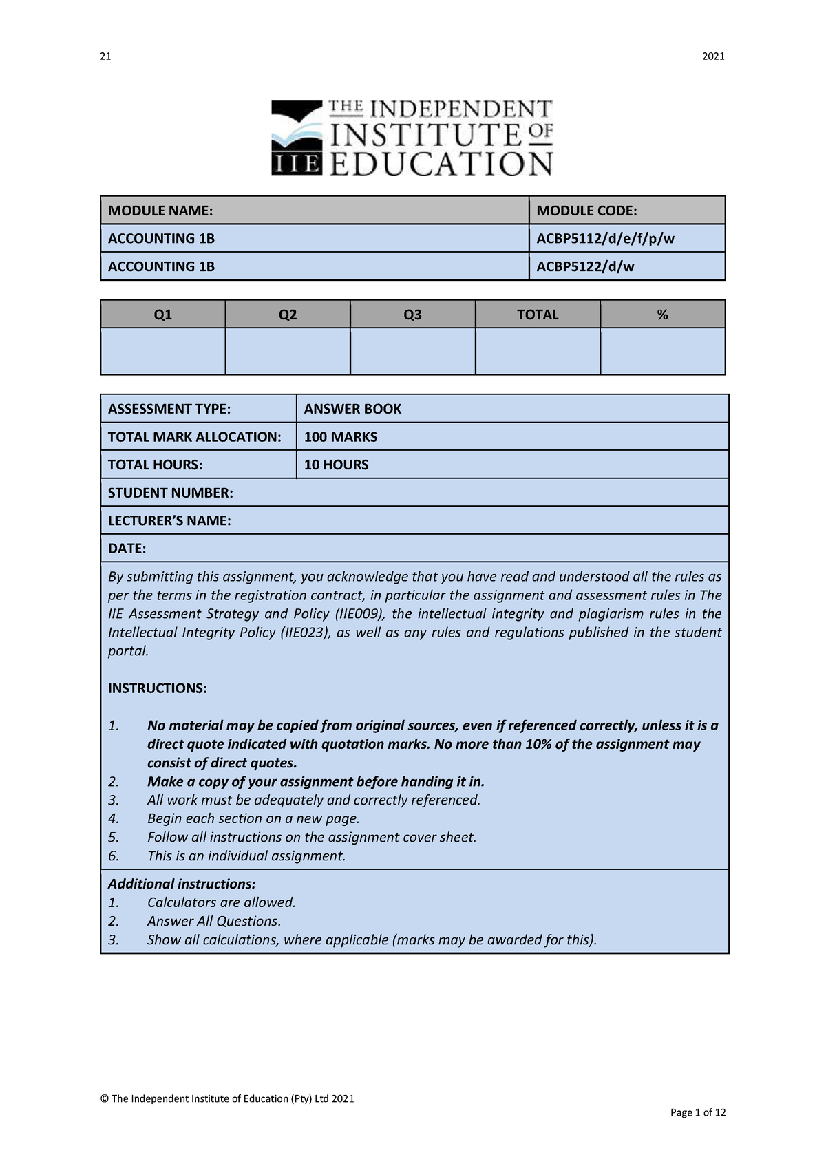 13.1 bank account (individual assignment)