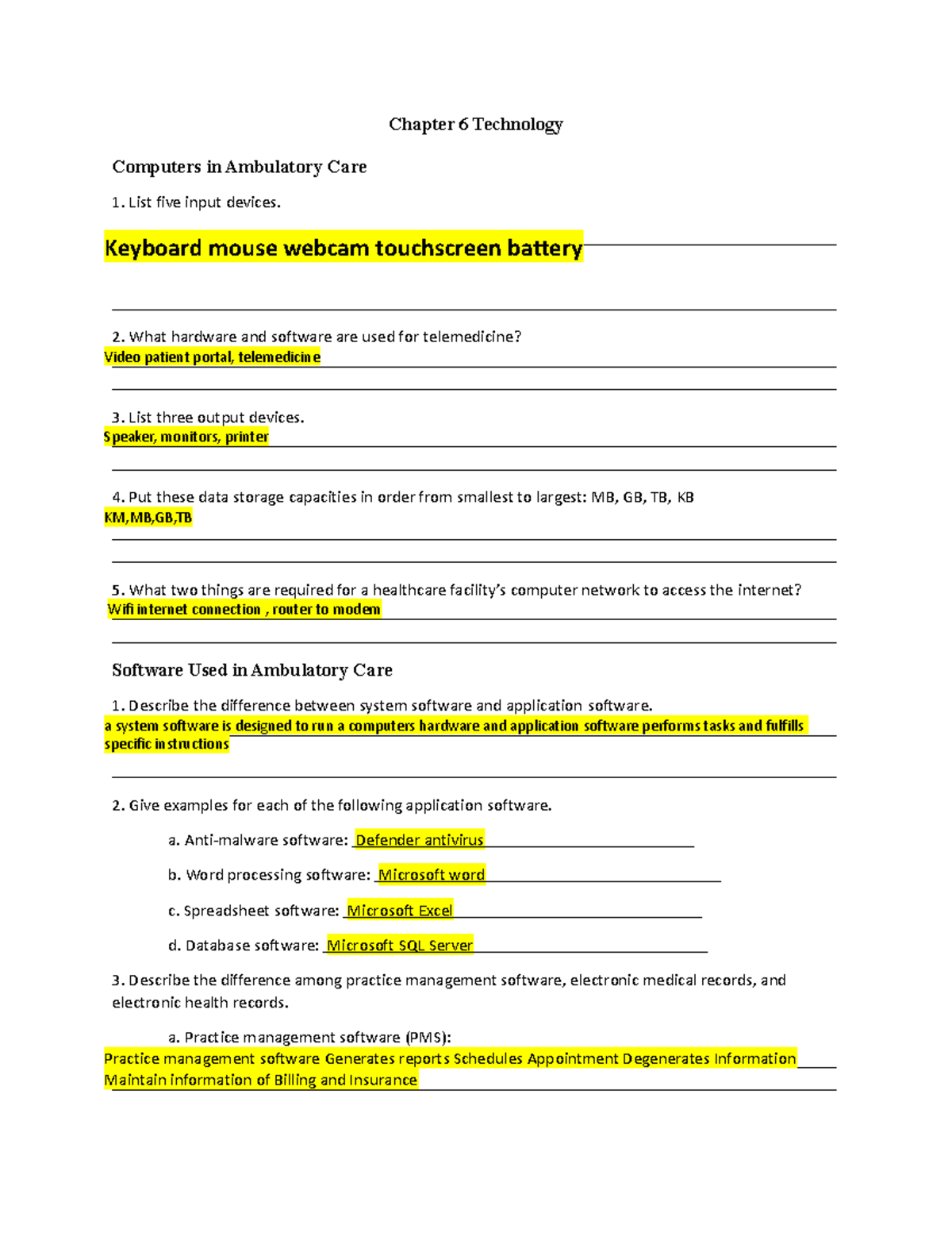 Week 3 worksheet fillin - Chapter 6 Technology Computers in Ambulatory ...