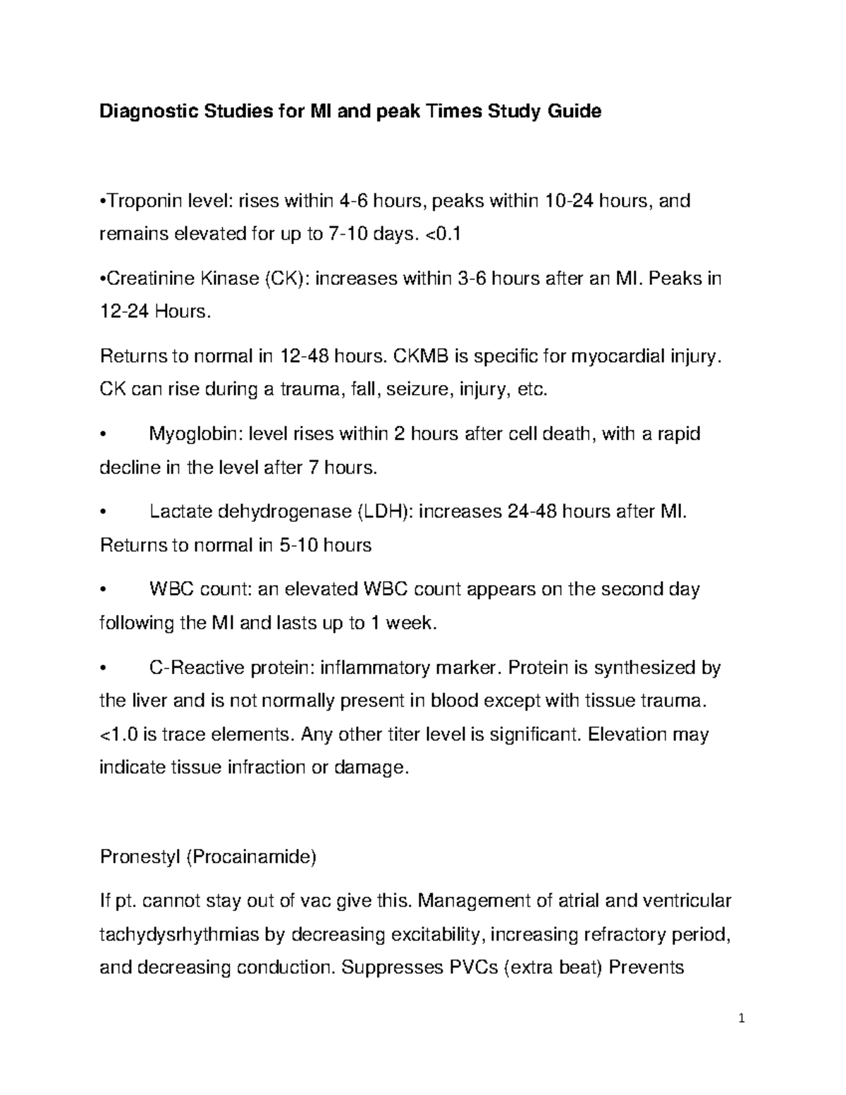 Diagnostic Studies for MI and peak Times Study Guide