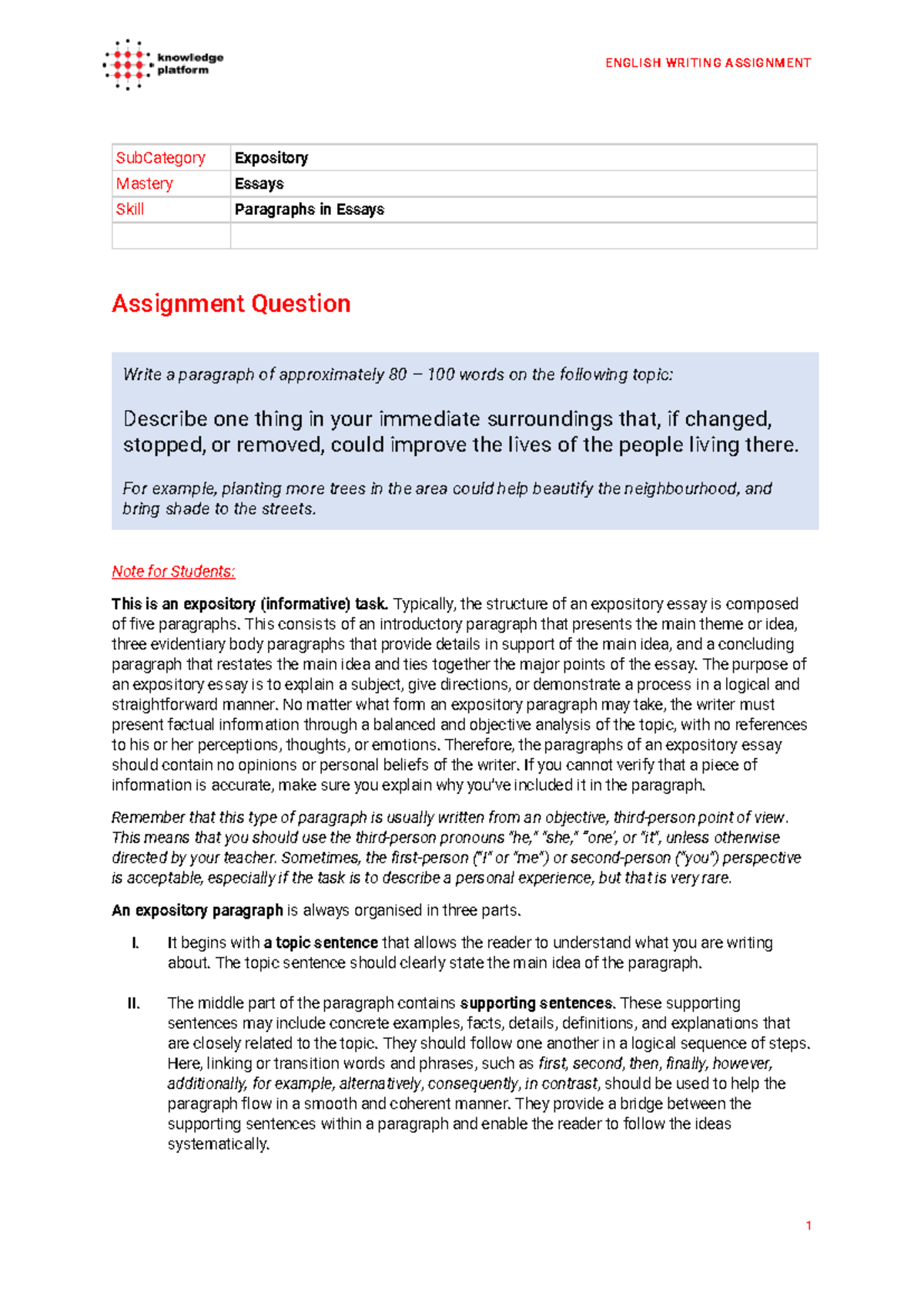 En paragraphs in essays 02 final - SubCategory Expository Mastery ...