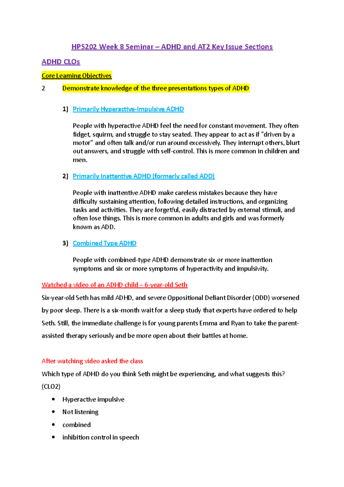 Week 8 HPS202 Seminar - HPS202 Week 8 Seminar – ADHD and AT2 Key Issue ...