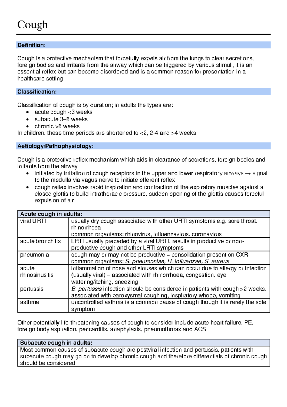 Cough - Key pathology summary - Cough Definition: Cough is a protective ...