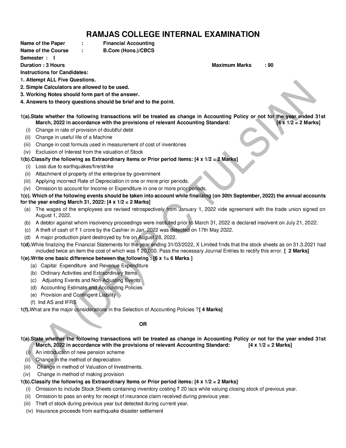 B Com 2023 Examination Paper Ramjas College Internal Examination Name Of The Paper Financial 