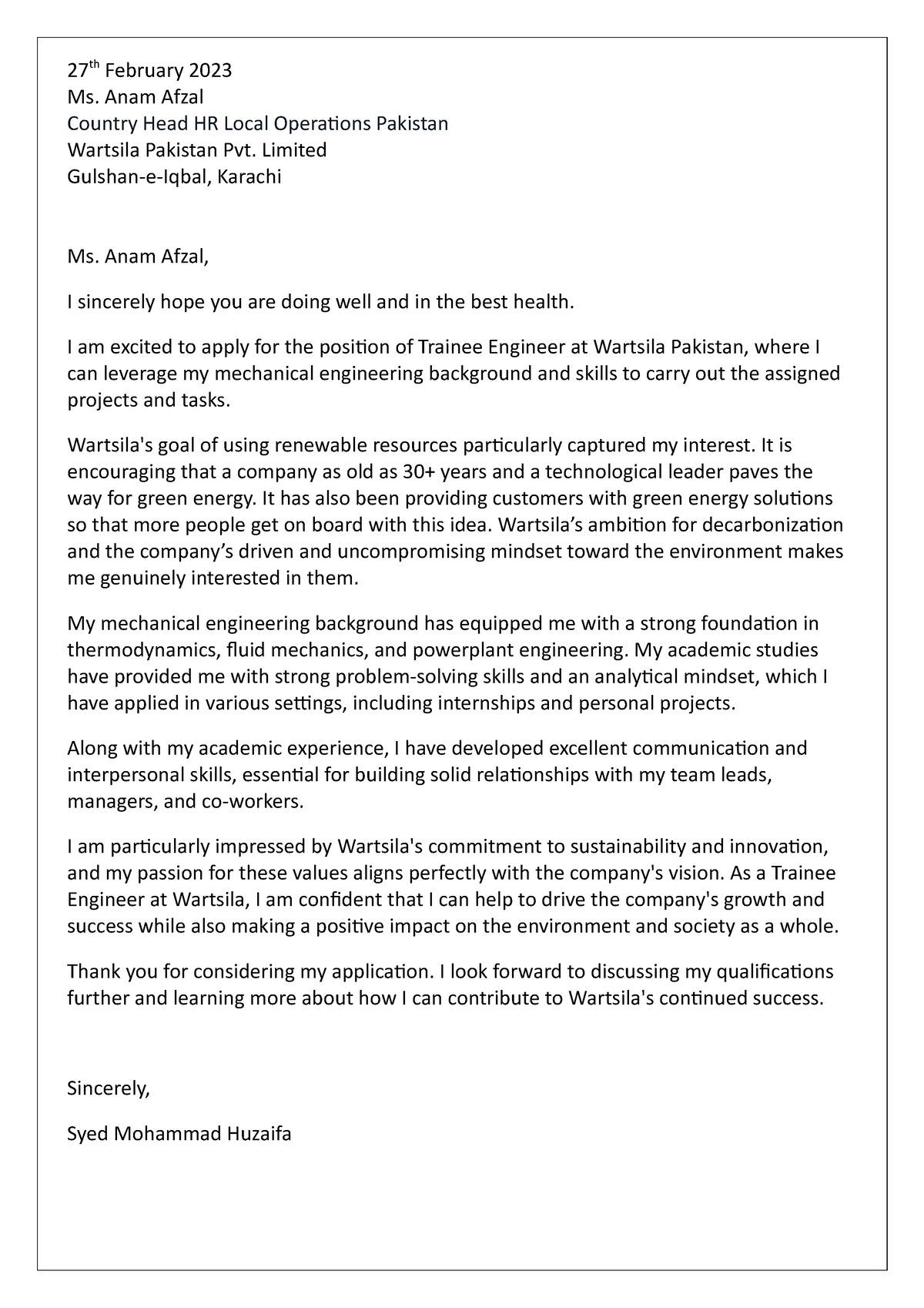 Wartsila Cover Letter - Lecture handouts - 27 th February 2023 Ms. Anam ...