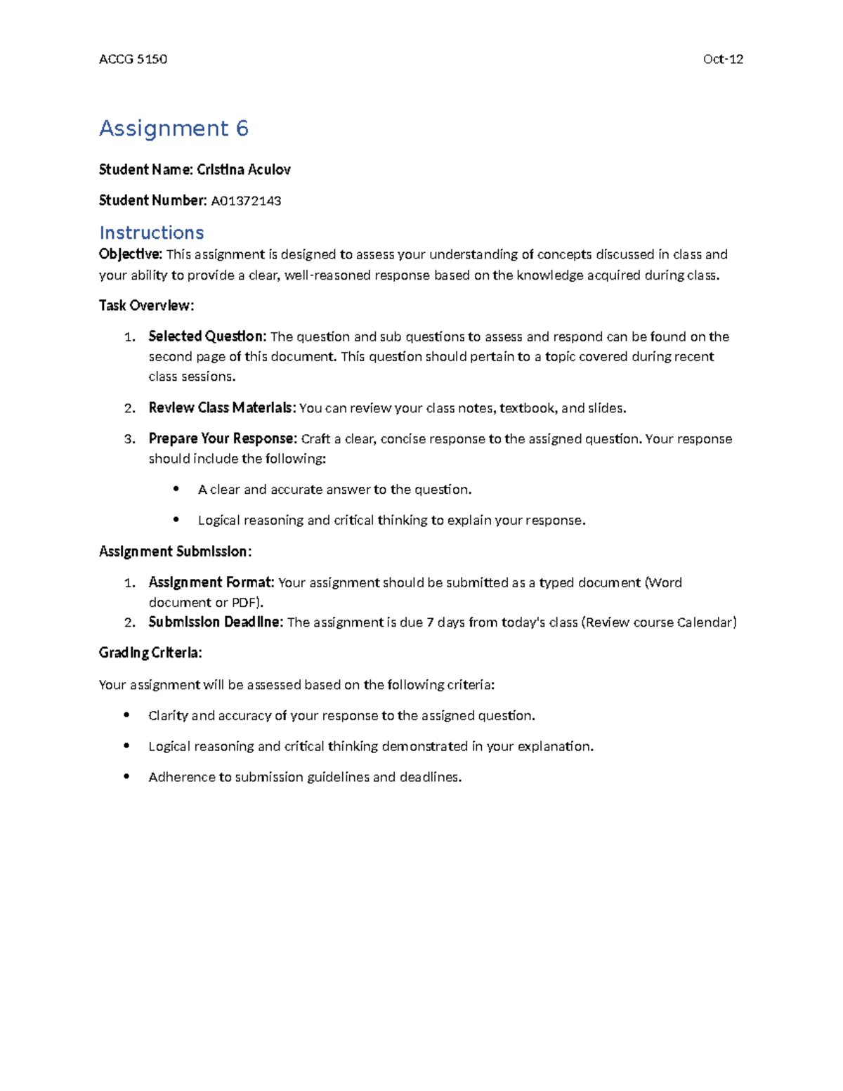 Assignment 6 - Instructions - Assignment 6 Student Name: Cristina ...