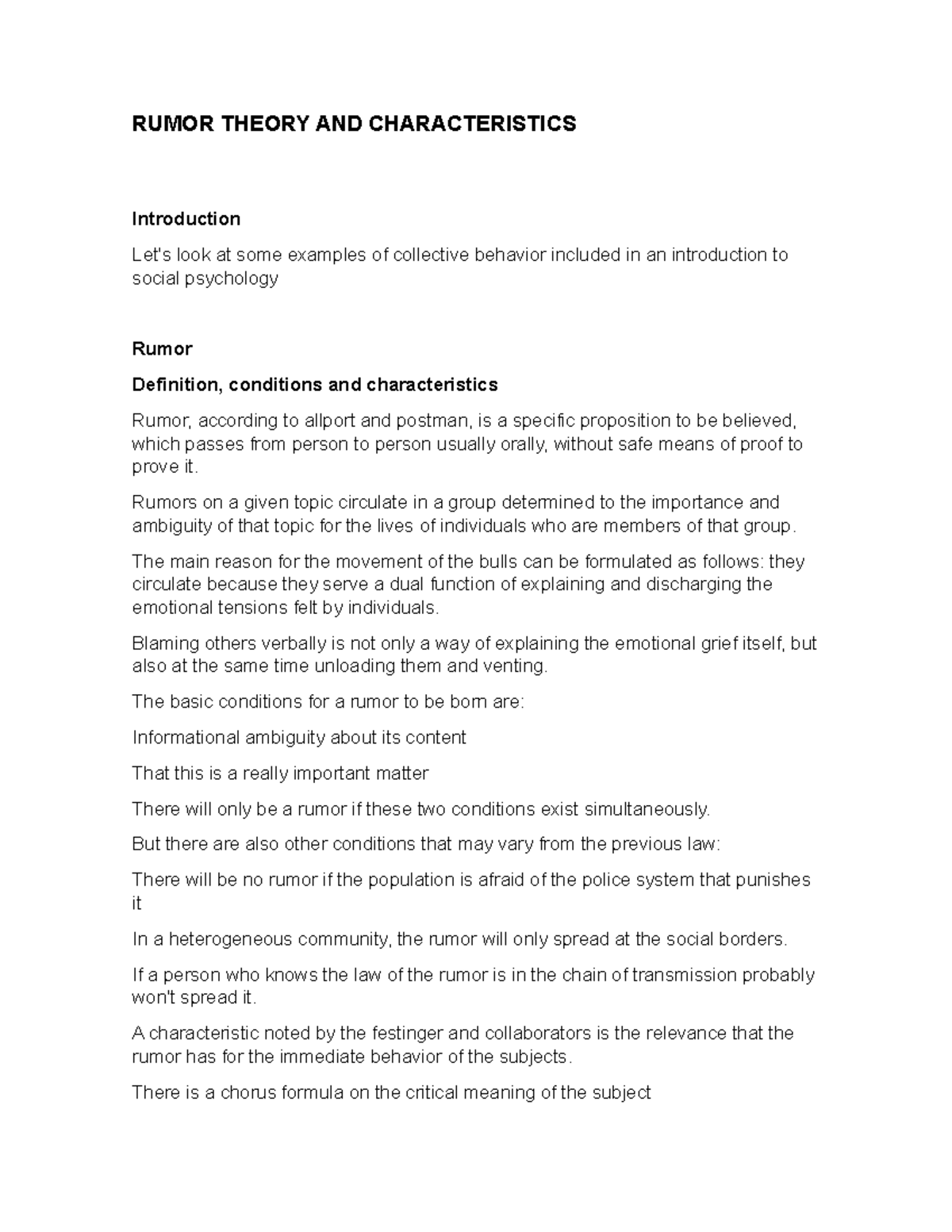 Rumor theory and characteristics RUMOR THEORY AND CHARACTERISTICS