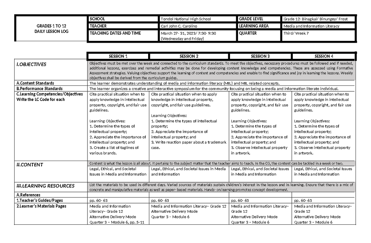 MIL Q3 Week 7 - Important - GRADES 1 TO 12 DAILY LESSON LOG SCHOOL ...