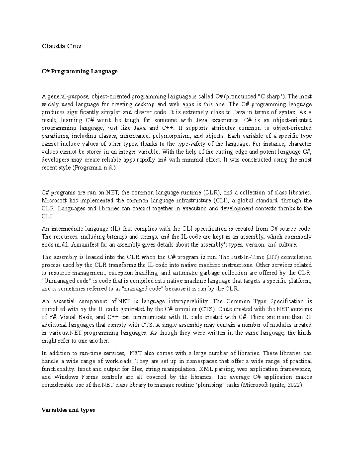 Programming-Languages Final - Claudia Cruz C# Programming Language A ...