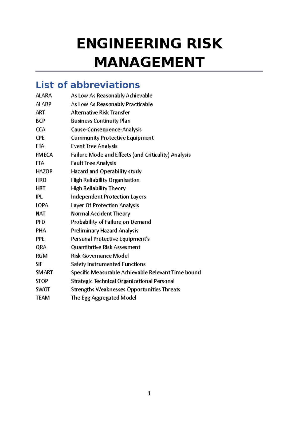 Samenvatting ERM - Reniers - ENGINEERING RISK MANAGEMENT List of ...