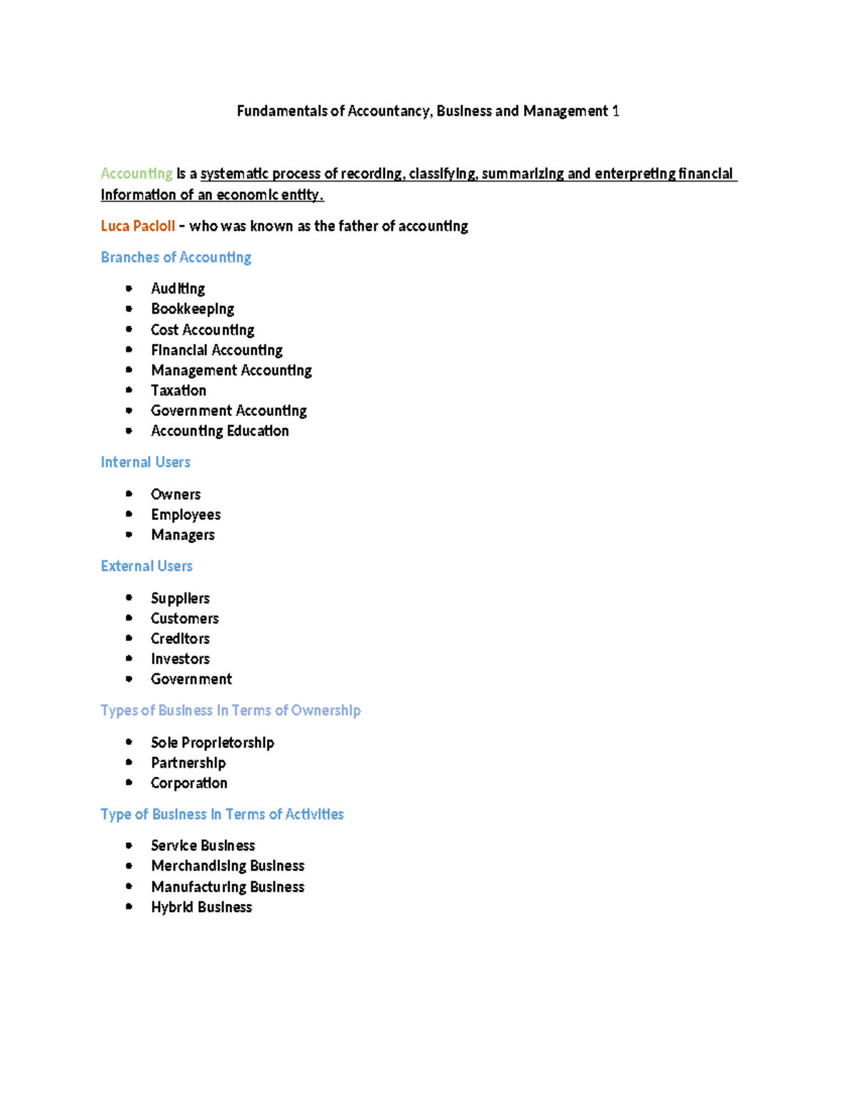 FABM- Notes - Fundamentals of Accountancy, Business and Management 1 ...