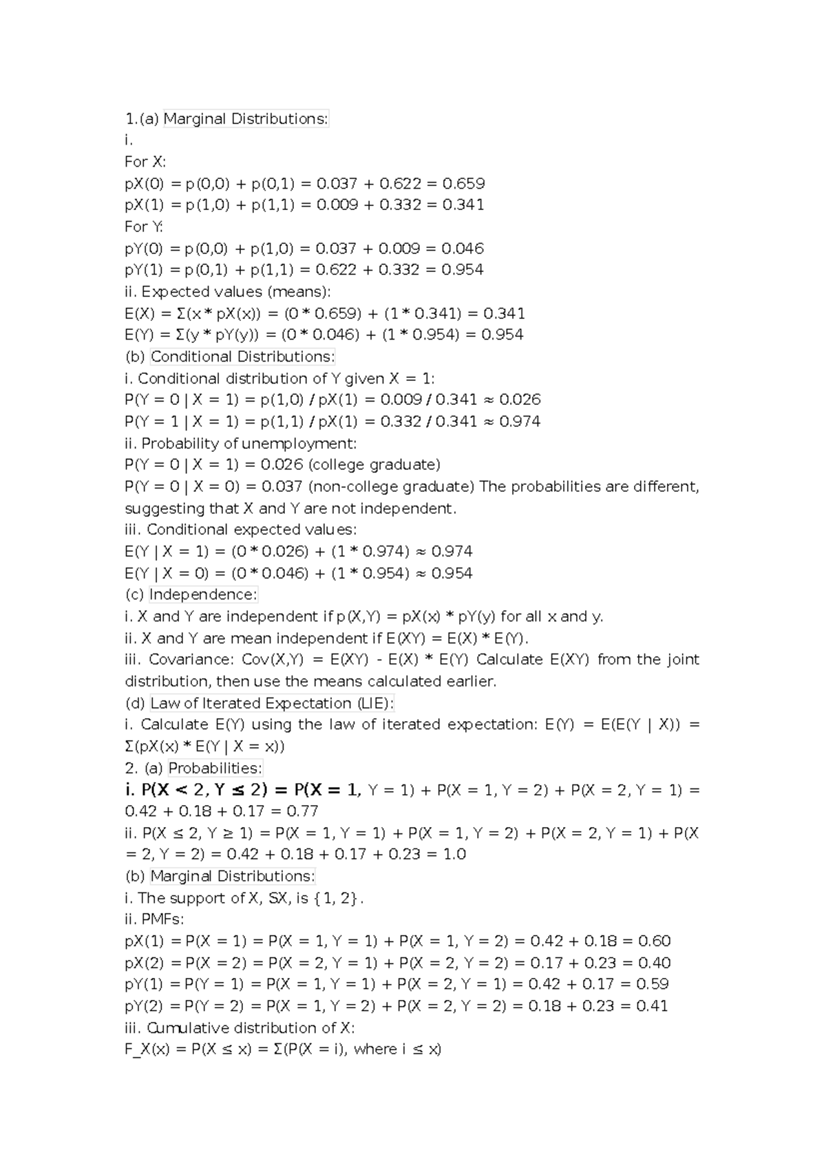 PS2 2222222222222222 - 1.(a) Marginal Distributions: i. For X: pX(0 ...