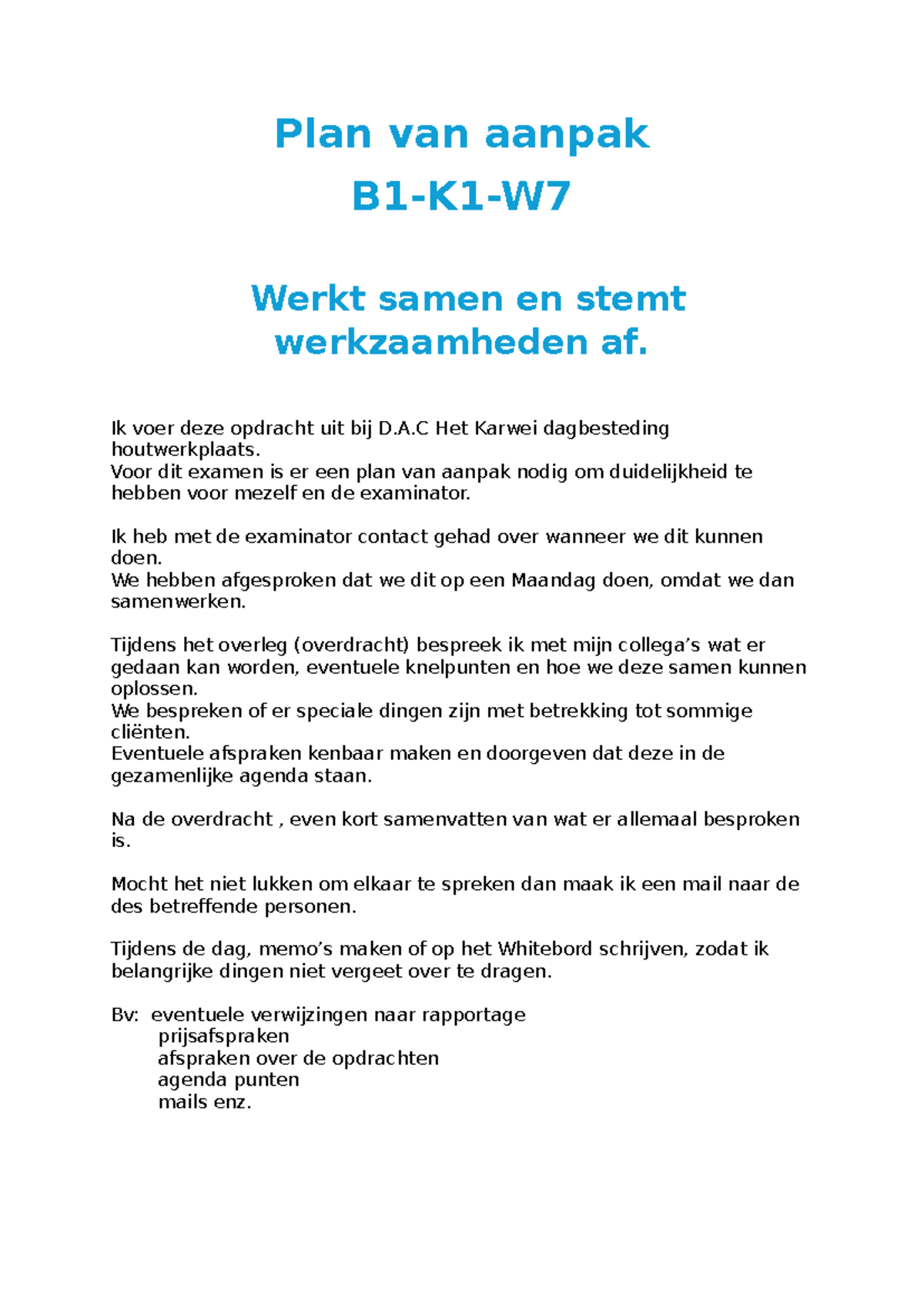 Plan Van Aanpak Samenwerken - Plan Van Aanpak B1-K1-W Werkt Samen En ...