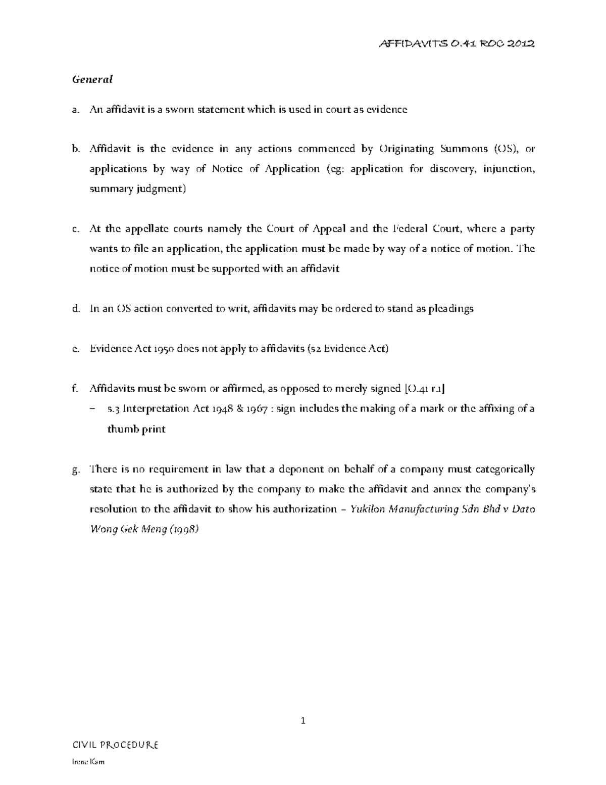 Civil Procedure (Affidavits) Lecture Notes 10 Oct 2021 1 Civil