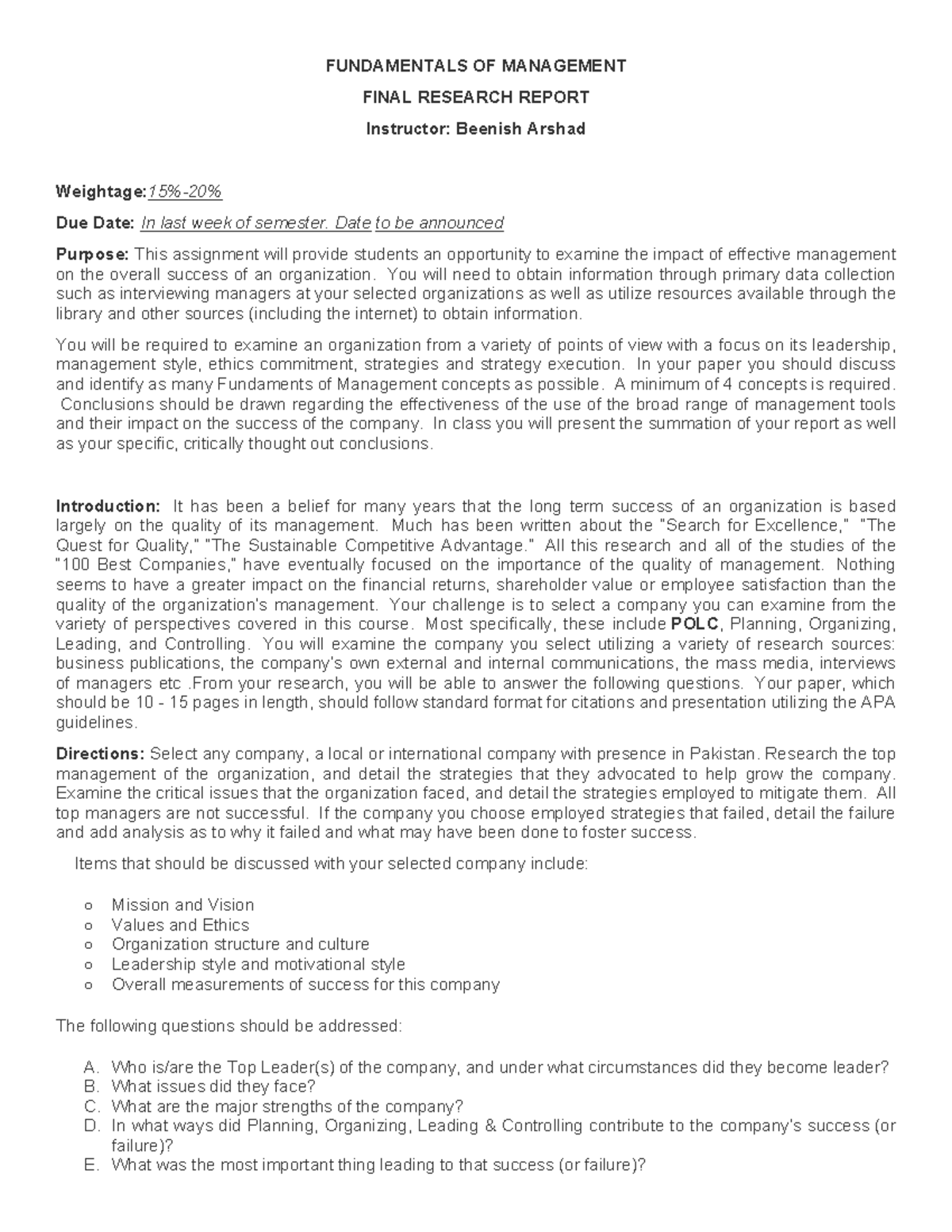 FOM project guidelines - FUNDAMENTALS OF MANAGEMENT FINAL RESEARCH ...