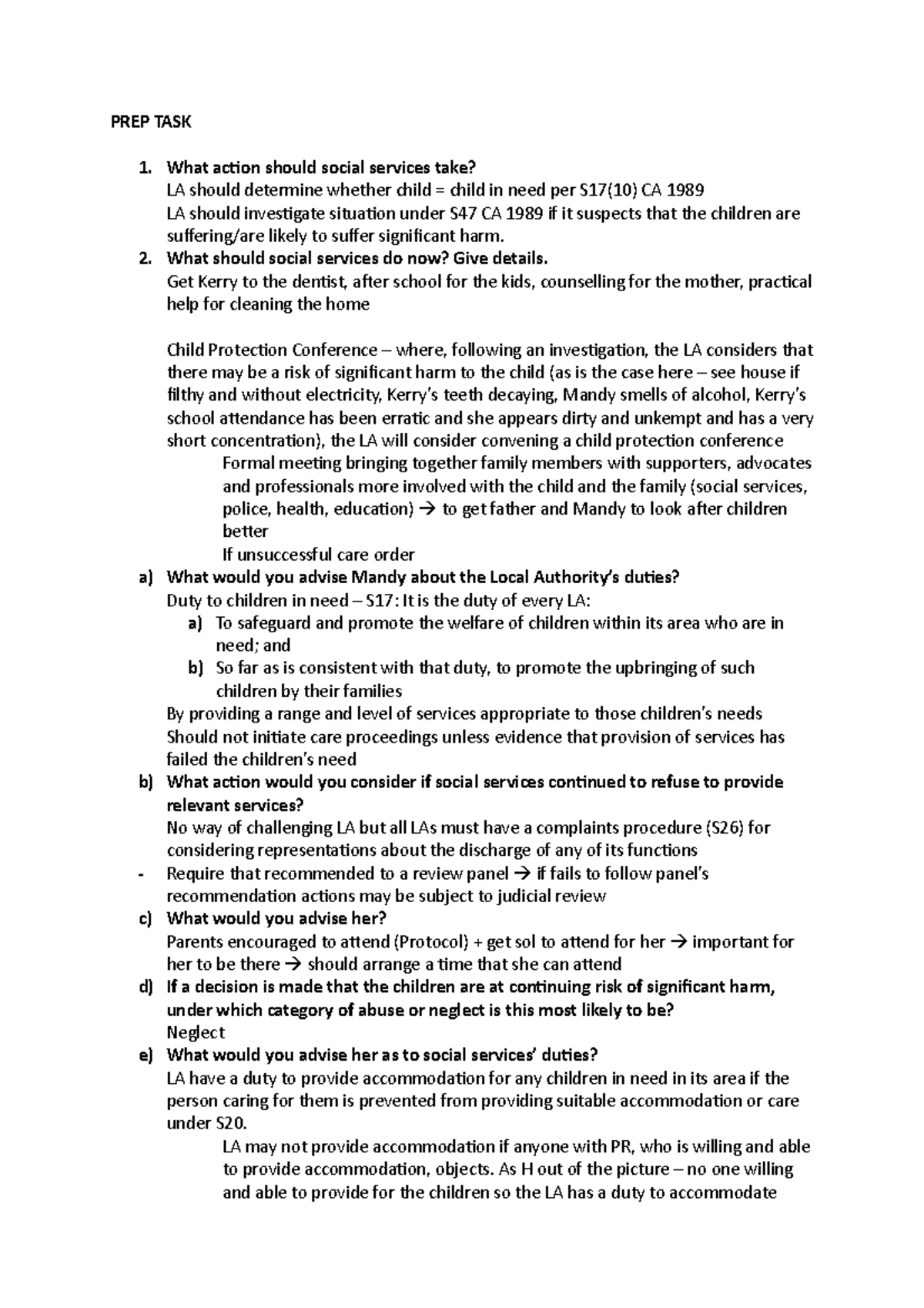 Children- Public Law - PREP TASK 1. What action should social services ...