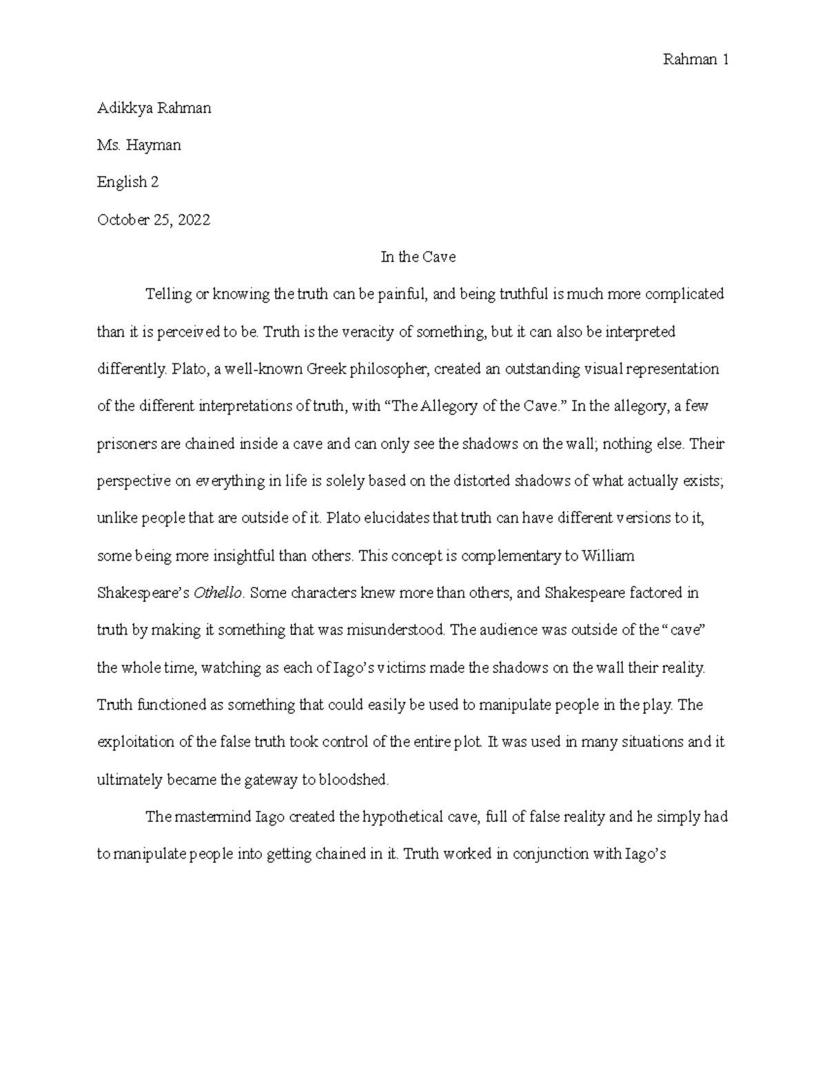 Othello Final Draft - essay / assignment - Adikkya Rahman Ms. Hayman ...