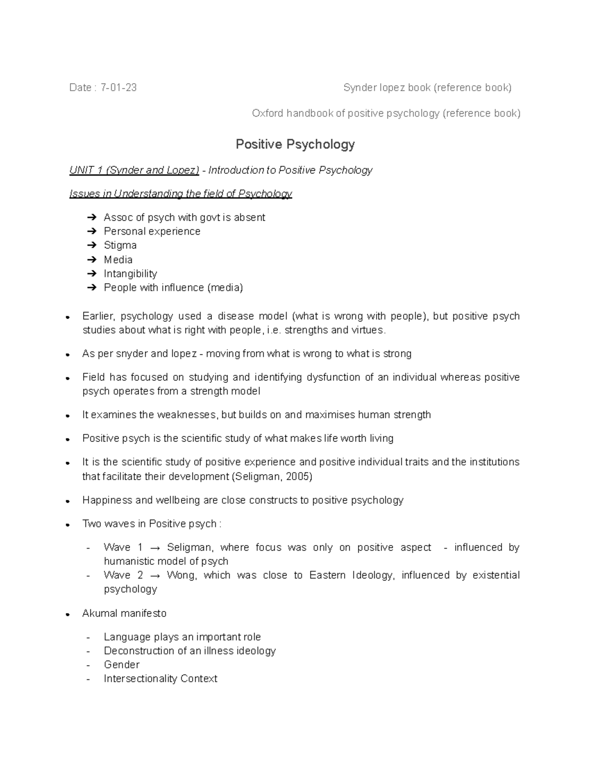 Positive Psych Unit 1 - Date : 7-01-23 Synder lopez book (reference ...