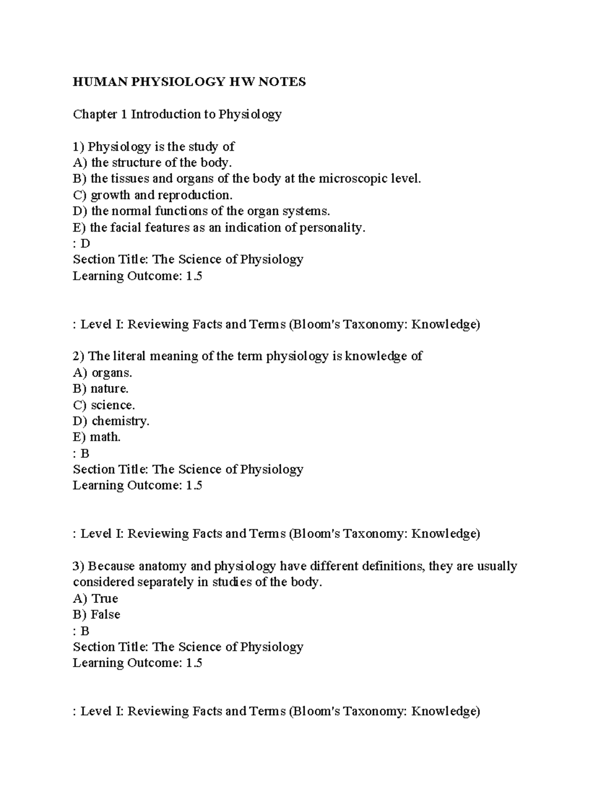 Human Physiology HW Notes - HUMAN PHYSIOLOGY HW NOTES Chapter 1 ...
