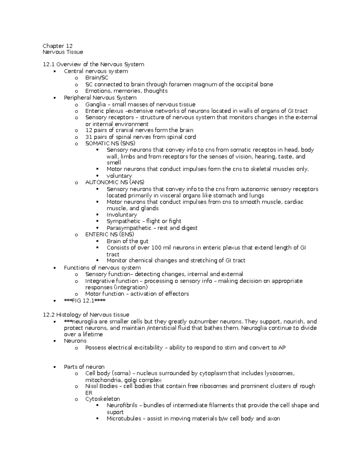 Nervous tissue notes - Chapter 12 Nervous Tissue 12 Overview of the ...