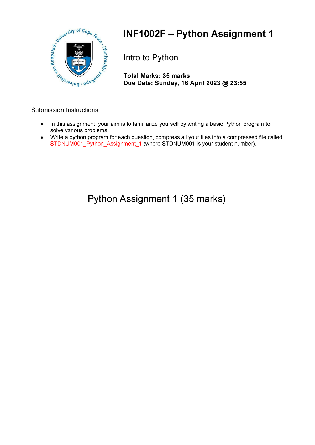 INF1002F 2023 Python Assignment 1 (updated) - INF1002F – Python ...