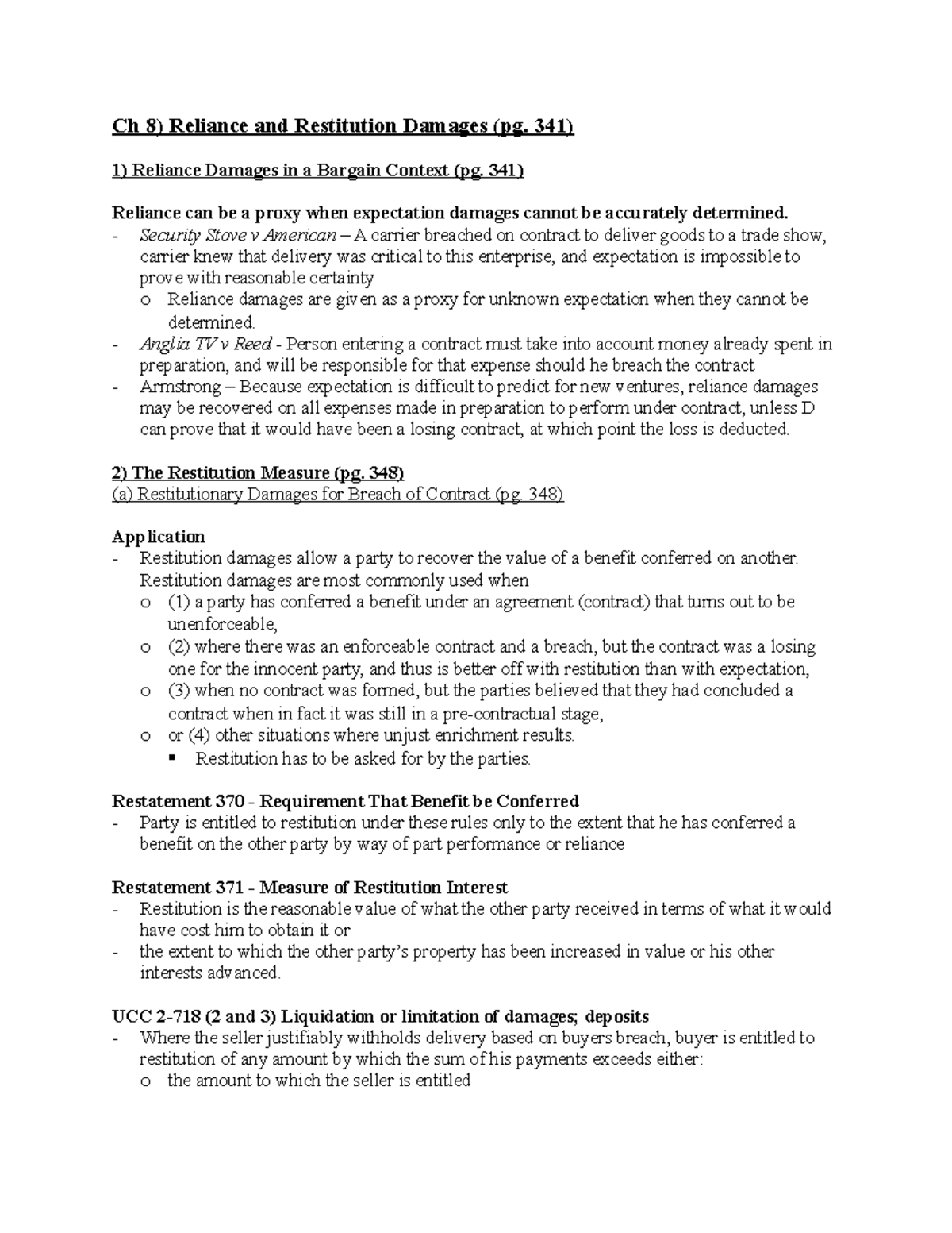 Contracts Law Outline - 1 - Ch 8) Reliance And Restitution Damages (pg ...