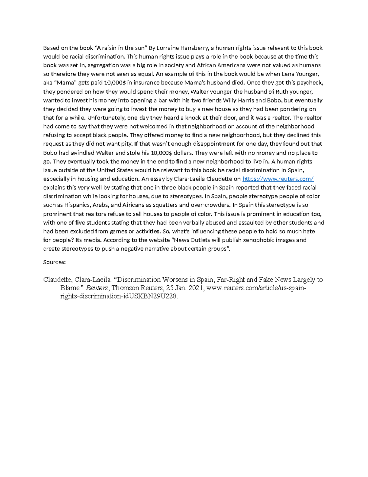 Human rights issue final draft (failed) - Based on the book “A raisin ...