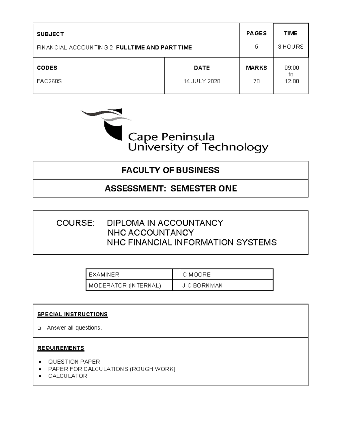 JUNE 2020 FAC260S Question Paper SUBJ ECT FINANCIAL ACCOUNTING 2