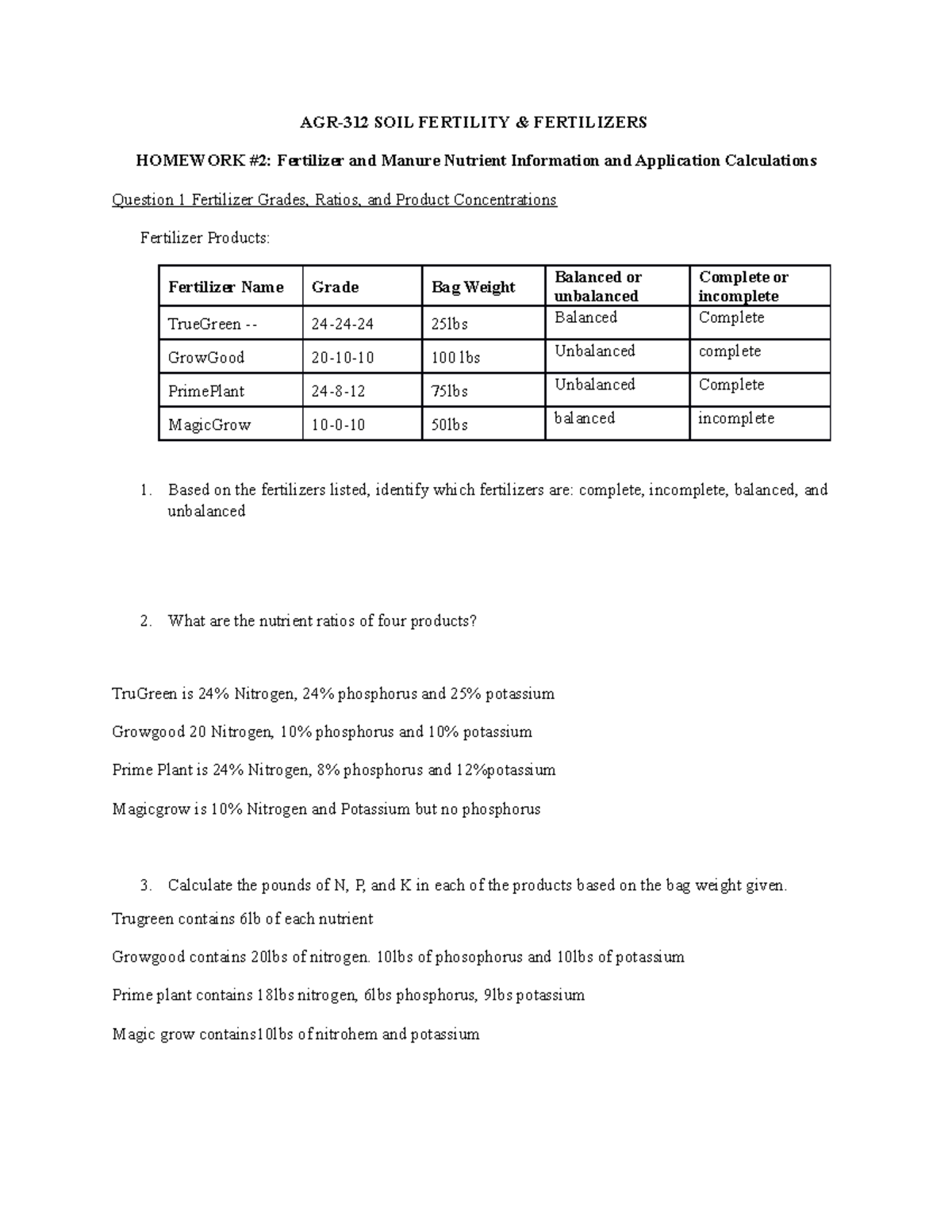 Homework#2 Fertilizer and Manure Applications - AGR-312 SOIL FERTILITY ...