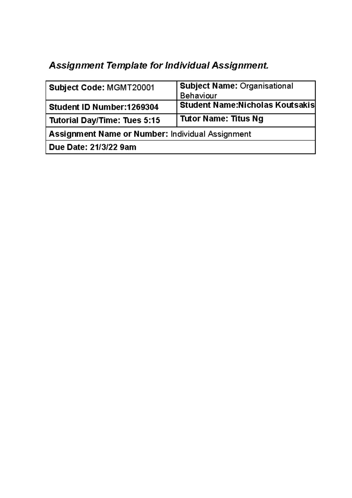 Organisational Behaviour Assignemnt 1 - Assignment Template for ...